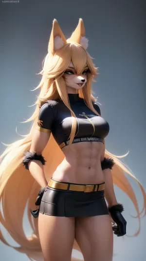 furry female anthro, fox girl, tall female furry, muscular female, furry fox female, long blonde hair, standing, hand on hip, portrait, tranquil, solo, (body fur:1.2), (best quality), medium breasts, dramatic lighting, (detailed fluffy fur:1.25), looking at viewer, fox tail, cyber arm, mechanical arm, mechanical left hand, cyber prothesis, glowing mechanical arms, black skirt, tight short t-shirt, midriff top