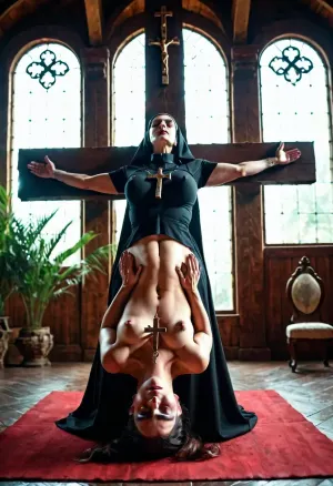 woman, Satanic nun praying to a upside down cross, mature thick, wide hips, huge tits