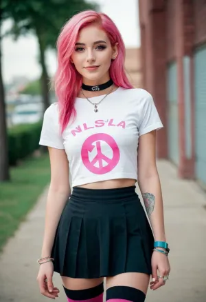 Una giovane ragazza con una vita sottile, una vita sottile e i capelli rosa sono stati davanti allo specchio ammirando il suo vestito. Indossava una maglietta grafica che mostrava la sua vita sottile e le gambe tonica. La sua microgonna era abbastanza corta