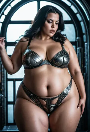bbw woman, HR Giger latina bbw huge fat ass, hips and thighs and tits with metal futuristic lingerie grabbing belly, super fat and big thighs
