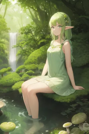 (masterpiece, best quality), 1girl, solo, elf, mist, sundress, forest, sitting, in water, waterfall, looking at viewer, blurry foreground, dappled sunlight, moss, (intricate, lotus, mushroom), <lora:ghibli_style_offset:.5>