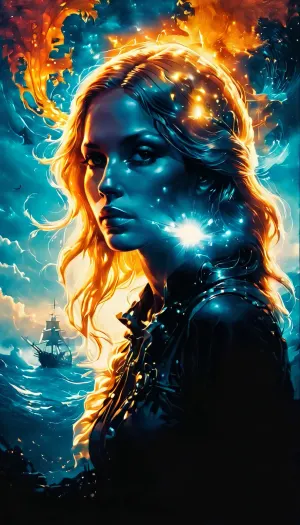 Das Bild zeigt ein Piratenschiff, das durch den Himmel segelt, mit einem blauen und sonnigen Gold-Farbschema. Im Hintergrund gibt es einen Text, der "AI Generates Superimposed Against Pirate von Dan Mountford" liest