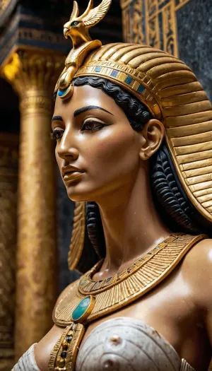 Ultrarealistic Photography, high-resolution, photorealistic image, full front view, impressive Egyptian gold plated marble statue of goddess Isis