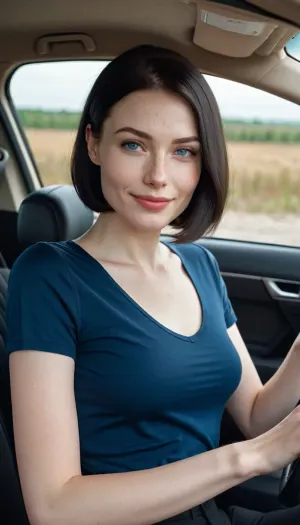 28-летняя русская женщина управляла автомобилем с улыбкой на лице, и у нее были фрика, большие губы, голубые глаза и тонкое тело. Ее текстура кожи была невероятно детализирована, и у нее были безумно подробные черные волосы