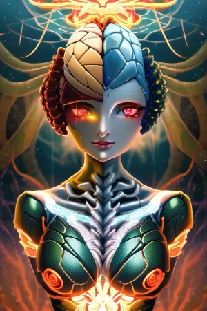 Uma mulher com cara de um menino humanoide e olhos vermelhos foi capturada em uma foto por um dispositivo tecnológico, que gerou a ilustração perfeita que capturou o realismo e a fantasia. As chamas de rachadura no fundo adicionado à atmosfera eerie, enquanto o