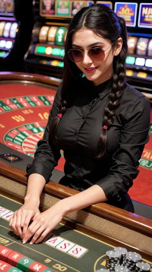 a riya das woman masterpiece, best quality, extremely detailed, (hyperrealistic:1.1), photorealistic, a beautiful 20s russian model, (ultra detailed face:1.1), (twintails:1.1), black hair, black long sleeve shirt, (sunglasses on head:1.1), (casino:1.2), slot machines, roulette table, chips piled up on the table, sitting, (smiling:1.1)