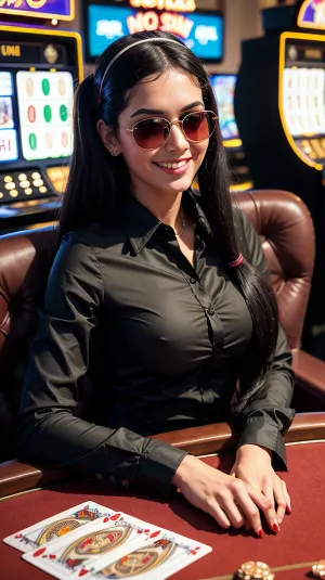 a riya das woman masterpiece, best quality, extremely detailed, (hyperrealistic:1.1), photorealistic, a beautiful 20s russian model, (ultra detailed face:1.1), (twintails:1.1), black hair, black long sleeve shirt, (sunglasses on head:1.1), (casino:1.2), slot machines, roulette table, chips piled up on the table, sitting, (smiling:1.1)