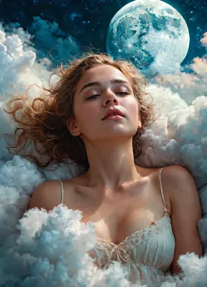 Yüksek çözünürlük ve detaylı bir yüz ile 3 kişilik genç bir kadın, kör fırçastrokes ile pastel renkli palette bulutların üzerinde yüzsüzdür. Geçmiş renk paleti resime doku ekliyor ve verir