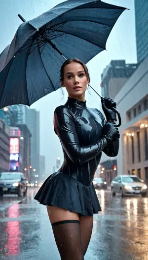 Una ragazza della città stava camminando attraverso la pioggia, tenendo un ombrello e indossando un body e una gonna con il trucco perfetto per l'immagine, capelli in stile perfettamente, e guanti di gomito e stivali alti al ginocchio che ha aggiunto al suo look elegante