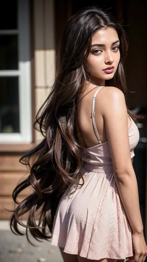 a riya das woman, (realistic, highres:1.2), ultra-detailed, a 19-year-old girl with long and black long wavy hair, deep brown eyes that captivate the viewer's attention. Her eyes are mesmerizing and full of life, with long and thick lashes that enhance their beauty. Soft smile. A wonderfull dress, Instagram worthy background, full body side view, riya, <lora:riya_Riya_Sen_SD15_LoRA_adafactor_local-000003:.5>