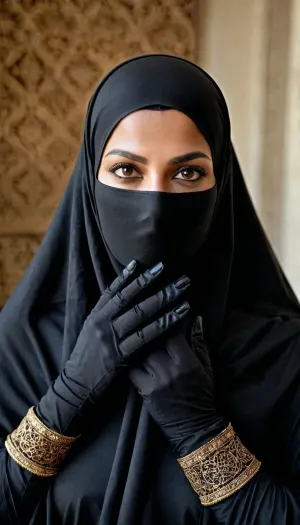 Der Mann wurde in eine einfache muslimische Frau verwandelt, tragen islamische schwarze Burqa bedeckt den ganzen Körper, Handschuhe
