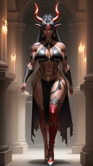 लंबे सींगों, बिन्दु कानों और चमक लाल आंखों के साथ मिनोटार एक शानदार आंकड़ा के साथ कैमरे की ओर चल रहा था। संगमरमर के स्तंभ विस्तृत थे और अंधेरे ग्रे धातु से बने थे। पृष्ठभूमि लंबे स्टील कॉलम के साथ एक चमकदार लाल रंग था