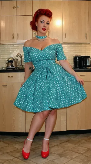 The AI generated picture of a 1950's style kitchen with a red and white themed interior, featuring a beautiful woman lounging on the floor with her hair in a ponytail. She is wearing a choker, high heels, and an