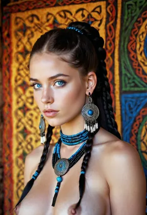 La fille celtique était une beauté avec de longs cheveux noirs, des yeux bleus et pas de métal. Elle avait une peinture tribale sur son corps nu et avait 18 ans. Ses seins étaient visibles à travers la peau blanche de sa poitrine