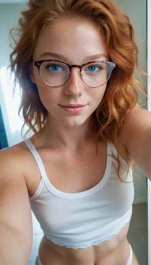 18 year old girl, babe face, ginger, freckles, sexy smile, best quality, photorealism, masterpiece, ice blue eyes, messy hair, (white Panties, no bra), glasses, white t-shirt, taking selfie in mirror, full body portrait, <lora:bralessSDXL_v1_00022:.5>