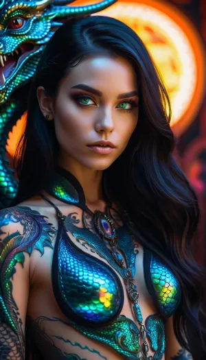 एक ऐसी दुनिया में जहां एआई और बायोनिक्स ने विलय कर दिया है, एक सुंदर बायोनिक टैटू नियॉन इंद्रधनुषी काले बालों वाली लड़की को अपने ड्रैगन के आकार के टैटू के साथ कैमरे के लिए थोड़ा शरीर में रखता है