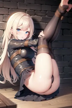 ИИ создал текстуру лица высокого разрешения шведской молодой взрослой женщины в холодном грязном подвале, показывая ее покрасневшую на щеках, связали руки за спиной и глядя на зрителя с красневшей на щеках