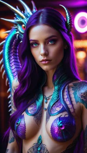 सुंदर bionic टैटू नियॉन इंद्रधनुषी बैंगनी-eyed Dragonid लड़की प्रस्तुत किया गया, जो कीवर्ड "एआई, उत्पन्न, अश्लील" और पृष्ठभूमि में एक ड्रैगन की तस्वीर के साथ एक तस्वीर उत्पन्न करता है।