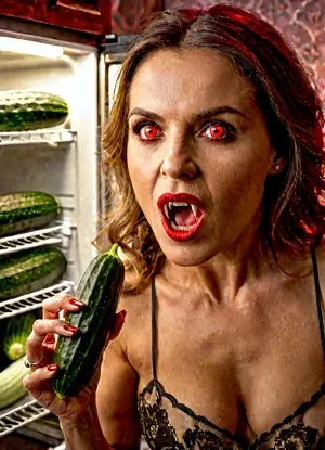 Los colmillos de vampiro en la foto están listos para morder, y el vampiro femenino tiene un pepino vertical delante de sus ojos. La cocina es ultra detallada con texto de alta calidad y foto realista