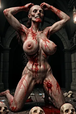 Un capolavoro masterful AI generato di una foto pornografica, con una foto ultra dettagliata che mostra un'immagine 8k ad alta risoluzione di un mostro femminile con enormi tette, testa del cranio e enorme figa. Il bagno di sangue era immenso come il gore