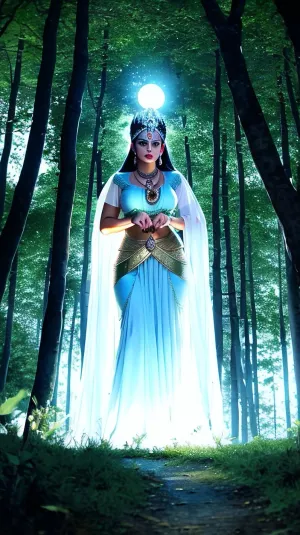 Femida, die Göttin der Gerechtigkeit, steht auf der langen Waldstraße, gekleidet in hübsch frivolen Kleidern, die eine Skala der Gerechtigkeit in ihrer rechten Hand halten. Der Wald um sie herum wird dunkel, aber ihr Körper emaniert helles Licht, das ihr Göttliches zeigt