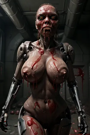 masterpiece, absurdres, high quality, ultra detailed, high resolution, highly realistic, 8k, highly illuminated, ((female giant alien terminator)), massive boobs, (blood dripping from her nipples:1.5), in the style of hr giger, gigerwall, alien, woman, terminator, <lora:gigerwall-000006:.5>, <lora:EdobAlienTerminatorFemale_v1.0:.5>