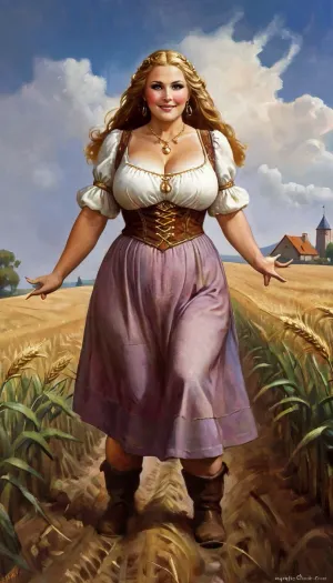 성숙한 통통한 몸과 큰 무거운 가슴을 가진 35 세 여성은 녹슬지 않는 medieval 주위에, 아름다운 흰색 블라우스와 팬티를 착용하고, 예술가를 위해 포즈. 배경은 소박한 중세 풍경입니다