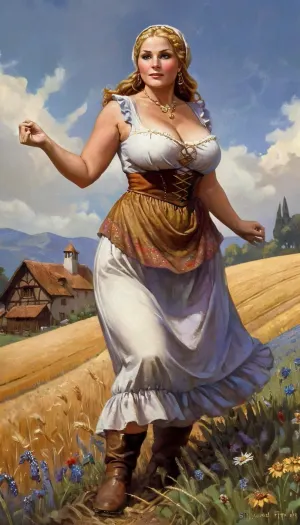 Uma mulher com um buquê de flores silvestres em suas mãos, vestindo roupas medievais rústicas, de pé no campo com quadris largos e peitos pesados grandes, bochechas chubby e lábios cheios, maçãs altas e lábios cheios. A cara dela é