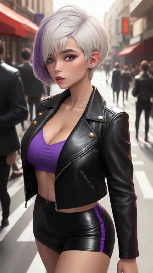 छोटी फसल वाले काले बाल वाली एक महिला, टैन्ड-ब्रोन्ज़ त्वचा, एथलेटिक बिल्ड और वाष्पशील आकृति ने आत्मविश्वास के साथ सड़क पर कब्जा कर लिया