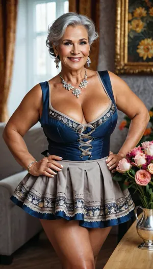 A woman in her 60s with a wide smile and dimples stood in front of a large photo of herself. She wore a flowing, floppy dress that hugged her curves perfectly. Her thick thighs and voluptuous breasts were on full display,