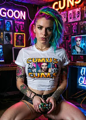 Une jeune femme aux cheveux punks et aux cheveux multicolores s'agenouille dans une pièce sombre entourée d'écrans d'ordinateur qui l'affiche et de ses photos sur les murs. Elle a des seins gigantesques, elle a des cheveux multicolores, elle