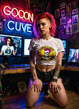 Une jeune fille adulte s'agenouille dans une chambre sombre, entourée d'écrans d'ordinateur l'afficher et de photos d'elle sur les murs, portant une chemise blanche serrée qui a "Goon Cave" imprimé sur elle, la chambre est faiblement éclairée avec un néon