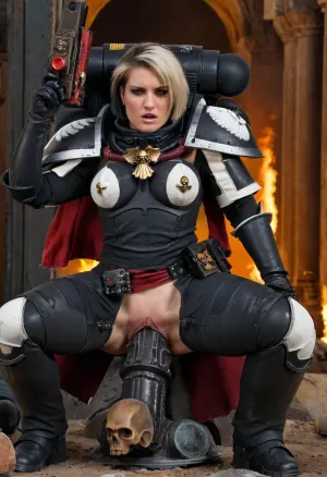 Uma foto hiperrealista de uma fêmea marinha adepta sororitas sentado em um vibrador laser em ruínas, usando armadura pesada, warhammer 40k, adepta, sororitas, cavalgando dildо