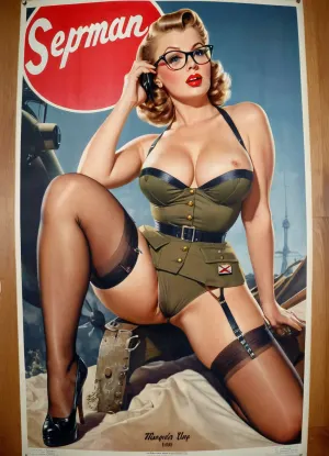La photo sur l'affiche est un chef-d'œuvre de l'IA et générer. b&w art, avec une grande, belle femme de l'armée avec de gros seins et un bas chaud humide haut du genou. La photo est capturée en noir et blanc avec une nette focalisation