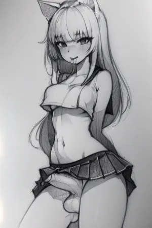 futanari, big penis, big glans, <lora:FutanariErect-v1:.6>, <lora:Drawing:.8>, style by NTY black and white, drawing, sketch, 18 years young futanari, pretty face, slender body, natural breast, blond knee-length hair, random cutted bangs, ((School pleated micro-mini-Skirt), , :1.1), solid white background, cat ears, oral-dildo