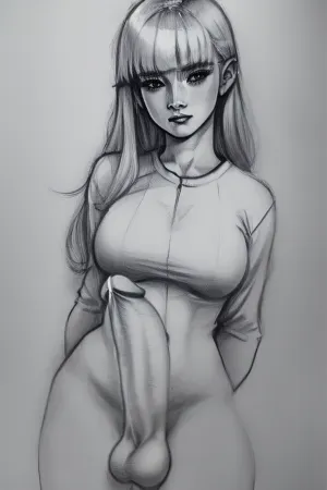 futanari, big penis, big glans, <lora:FutanariErect-v1:.8>, <lora:Drawing:.8>, style by NTY black and white, drawing, sketch, 18 years young futanari, pretty face, slender body, natural breast, blond knee-length hair, random cutted bangs, ((School pleated micro-mini-Shirt), , :1), solid white background, masturbation, <lora:malemast-10:.8>