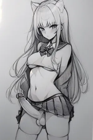 futanari, big penis, big glans, <lora:FutanariErect-v1:.6>, <lora:Drawing:.8>, style by NTY black and white, drawing, sketch, 18 years young futanari, pretty face, slender body, natural breast, blond knee-length hair, random cutted bangs, ((School pleated micro-mini-Skirt), , :1.1), solid white background, cat ears