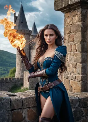 Sorceress는 성벽에 서, 그녀의 긴 머리는 바람에 불고, 멀리 무언가에 집중합니다. 그녀의 야생 hairstyle was 무료, 과 그녀 was wearing a 가죽 부츠 과 장갑. 그녀는 그녀의 마법의 에너지를 가지고