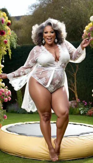 Full body view of women, 50 years old african women, fat bbw, fat ass, very thick thighs, tummy, floppy large breast, diva makeup, diva poses, happy, grey fluffy hair, pubic hair, transparent lace robe, big neckles, big earrings with diamonds, gold jewellery, jewellery on arms, locatin flowers garden, jumping on trampoline with spredings legs and arms
