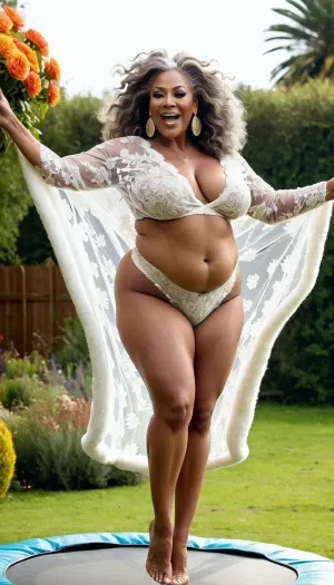 Full body view of women, 50 years old african women, fat bbw, fat ass, very thick thighs, tummy, floppy large breast, diva makeup, diva poses, happy, grey fluffy hair, pubic hair, transparent lace robe, big neckles, big earrings with diamonds, gold jewellery, jewellery on arms, locatin flowers garden, jumping on trampoline with spredings legs and arms