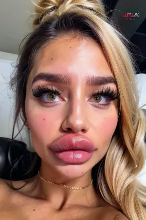 A woman with ultra-high quality AI implants and a firm fake tits, big glass skin, perfect botched lips, glistering lips, moist lips, fresh dermal fillers, ultra high quality face reflect light. She is looking up