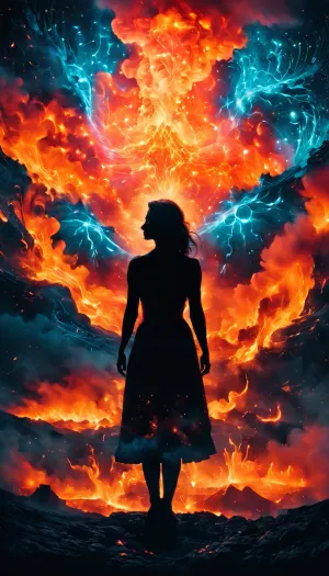 La foto di Kim Keever di un vulcano che erutta con colori rosso magma e nero obsidian, su uno sfondo di testo sovrapposti in spazio negativo, crea un'immagine inquietante e accattivante. Il testo aggiunge al surrealismo del