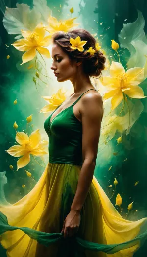 L'AI ha generato un petalo colorato che oscillava su uno sfondo giallo e verde vibrante, con il testo "Colorsplash" nello stile di Kim Keever