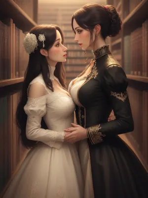 library, portrait upper chest, two woman, (one woman a head taller, hand fisting hair), chest to chest, looking at each other's eyes