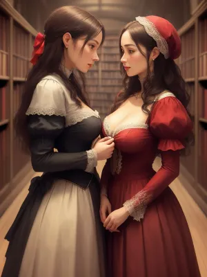 library, portrait upper chest, two woman, (one taller, one shorter), chest to chest, looking at each other's eyes