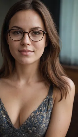 Une femme de 35 ans avec des cheveux bruns et des yeux bruns, un visage rond et de petits seins, portant une jupe, chemisier, décolleté et bas. Elle marche dans la rue avec sa bonne dent à la main