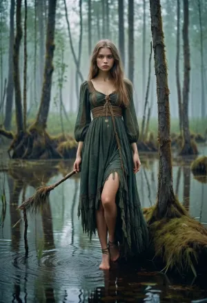 Молодая русская ведьма в потрепанном платье блуждала через туманное фэнтези- болото, опираясь на свой тонкий персонал. Ее тело было тонким и постным, с идеальными коленями и бедрами. Ее глаза были темными и таинственными, полными тайн и тайн