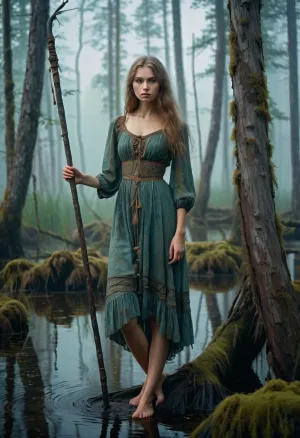 Une jeune sorcière russe vêtue d'une robe déchirée errait dans le marais imaginaire, se penchant sur sa taille mince et ses hanches minces. Ses jambes fines étaient minces et délicates, avec des genoux parfaits qui arqué avec grâce. Elle avait des cheveux longs et épais