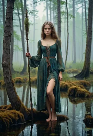 Une jeune sorcière russe trébuchera dans un marécage imaginaire, sa robe tapée balayant dans le vent. Ses genoux osseux et son corps maigre sont à peine visibles sous le tissu tapi. Malgré son aspect fragile, elle tient une petite baguette