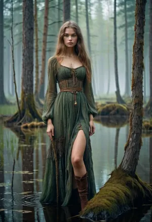 Молодая русская ведьма споткнулась через туманное фэнтези болото, ее потрепанное платье ветром. Ее колени и тонкая талия сделали ее похожей на деликатное существо из сказки. Несмотря на ее хрупкую внешность, там было